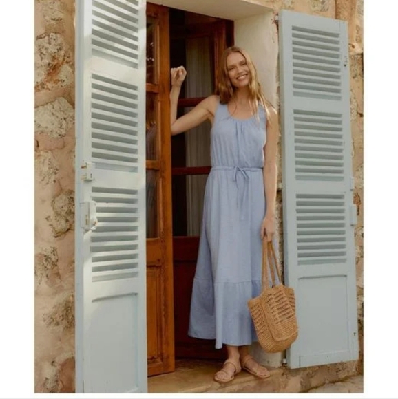 Women's Blue Organic Cotton Relaxed Slub Tank Maxi Dress-M - Picture 1 of 5